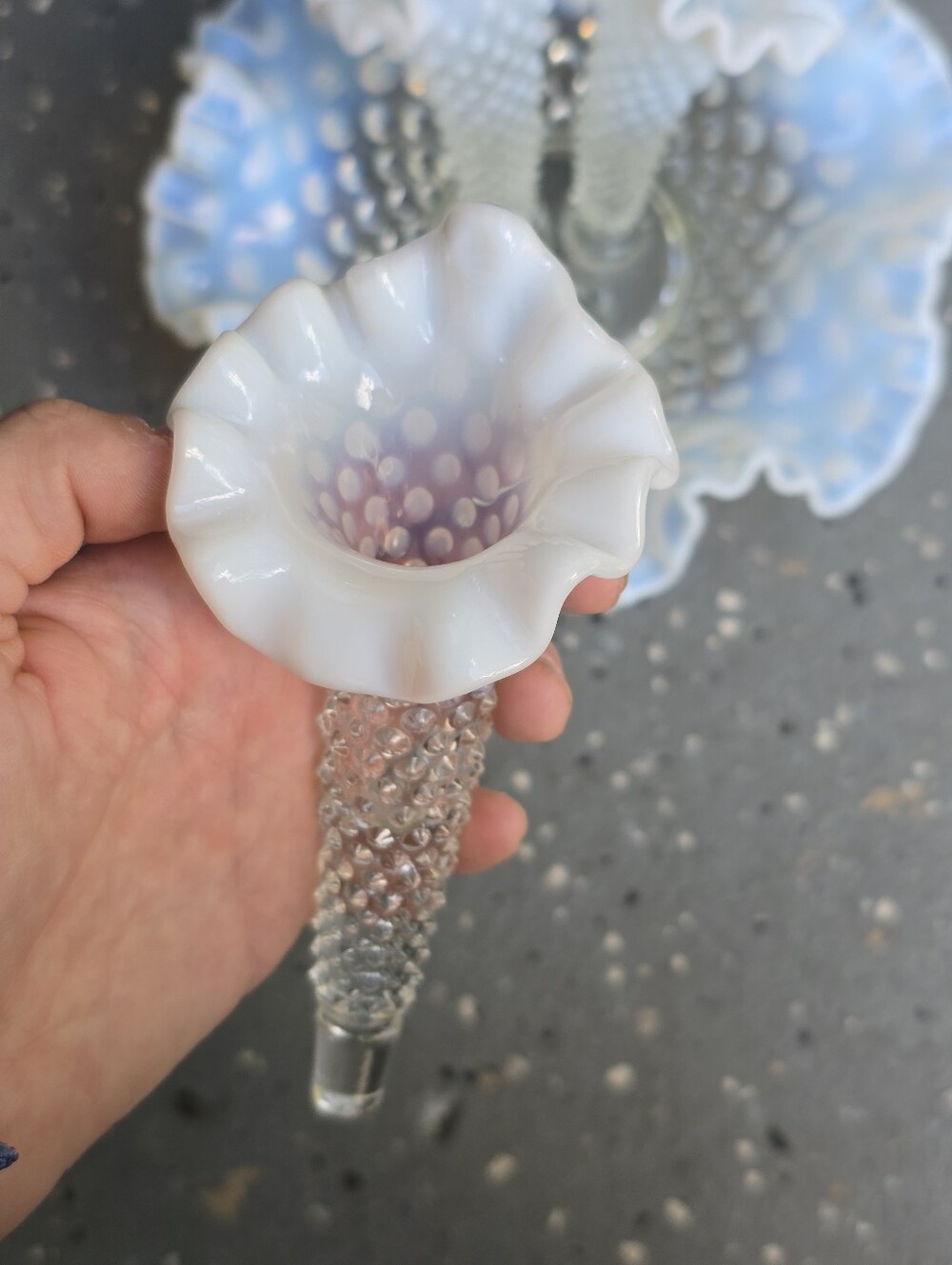 ANTIQUE USA FENTON FRENCH WHITE HOBNAIL OPALESCENT ART GLASS FLOWER VASE EPERGNE - Picture 8 of 9